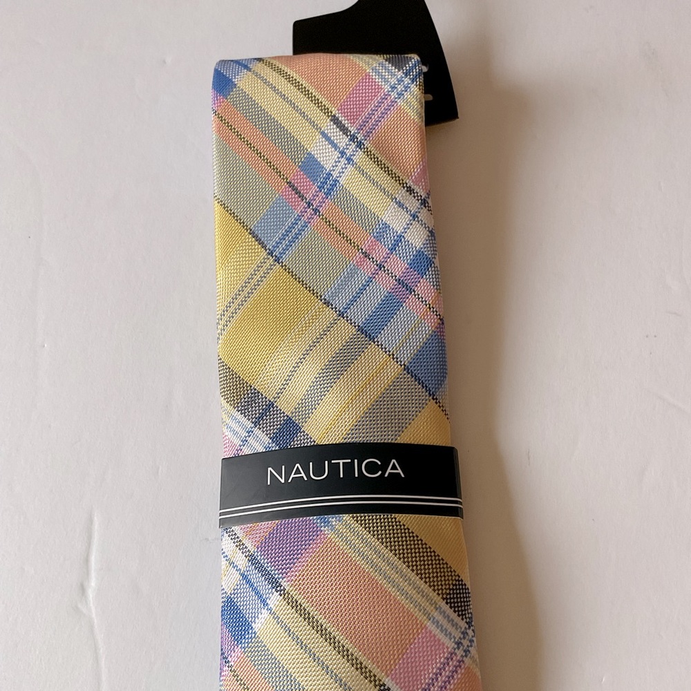 NAUTICA MENS PLAID TIE YELLOW PINK BLUE NWT - Picture 5 of 9